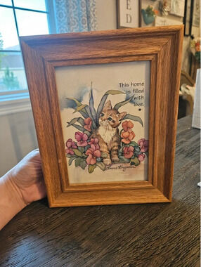 Vintage Laurie Korogade watercolor kitten and flowers cottage decor wooden 90s